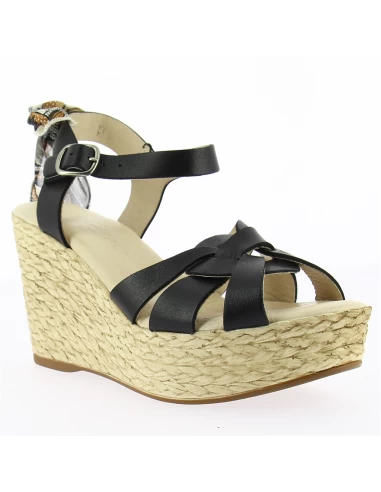 Goodstep Sandales Compensées Femme Jennifer Corde Et Cuir Noir Et Foulard – Image 3