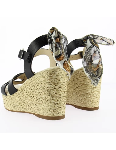 Goodstep Sandales Compensées Femme Jennifer Corde Et Cuir Noir Et Foulard – Image 4