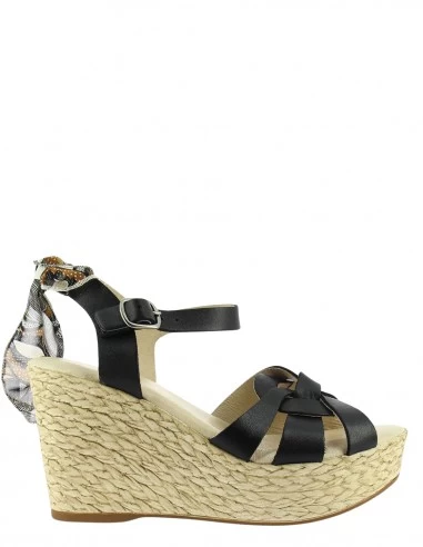 Goodstep Sandales Compensées Femme Jennifer Corde Et Cuir Noir Et Foulard