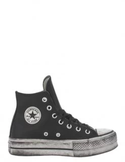 Converse Sneakers Compensées Montantes Femme Ctas Lift Leather Hi Cuir Noir Effet Vieilli