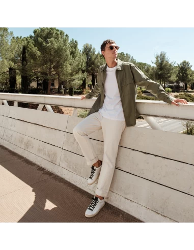 P448 Baskets De Ville Homme John Cuir Blanc/marron/vert – Image 5